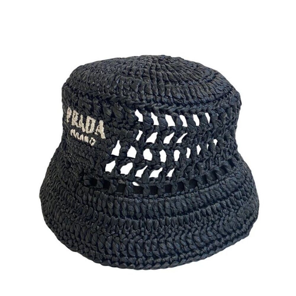Prada 1 Hc137 Letter Ring Logo Hat Crochet Bucket Hat Black